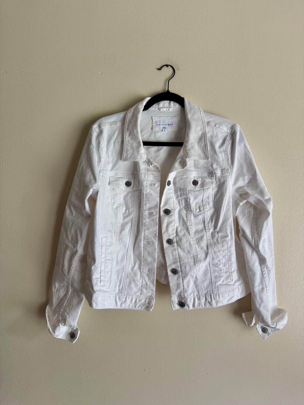 Loft White Denim Button Up Jean Jacket Large Minimal Norm Norm Core Basic Fall